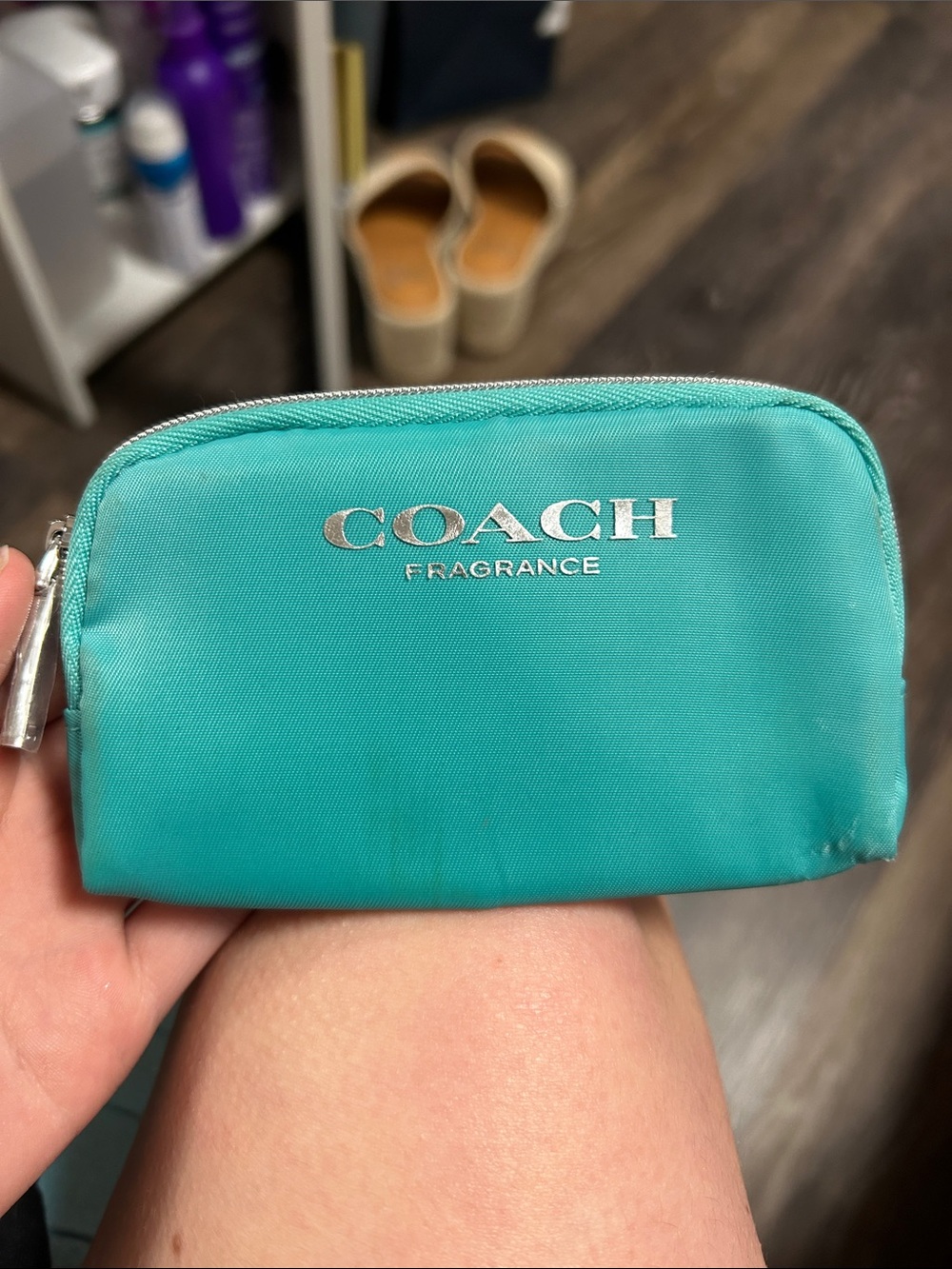 Coach Teal Cosmetic Zip Pouch with Silver Logo